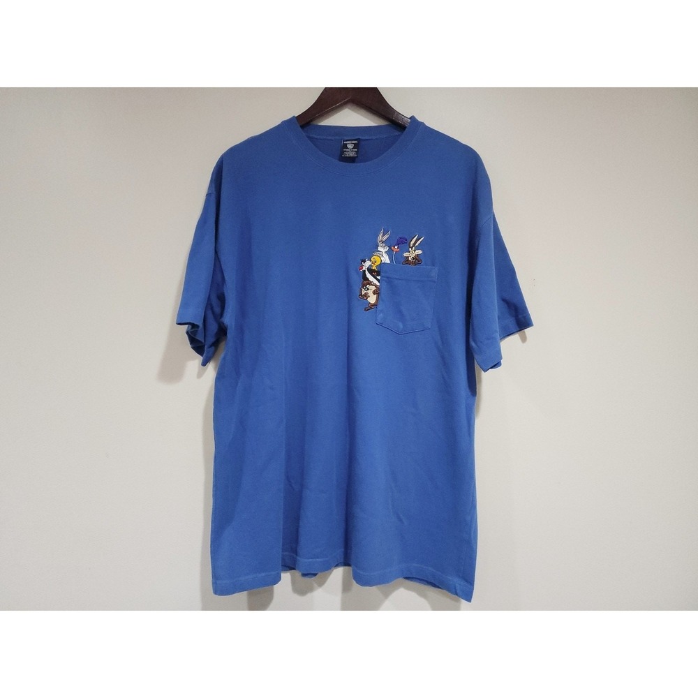 Vintage Warner Bros. Studio T Shirt Mens XL Blue Embroidered Looney Tunes Y2K
